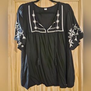 Old Navy Black Blouse with White Embroidery
